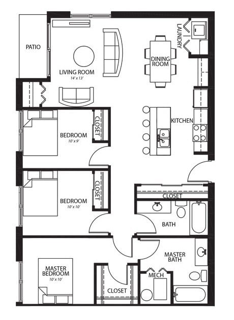 Floor plan for 3 beds, 2 baths, 1154 sqft